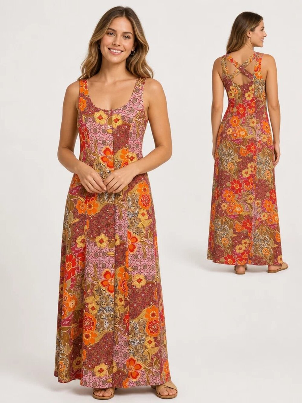 Coldwater Creek Floral Maxi Sundress 6 Boho Button Front Cottagecore